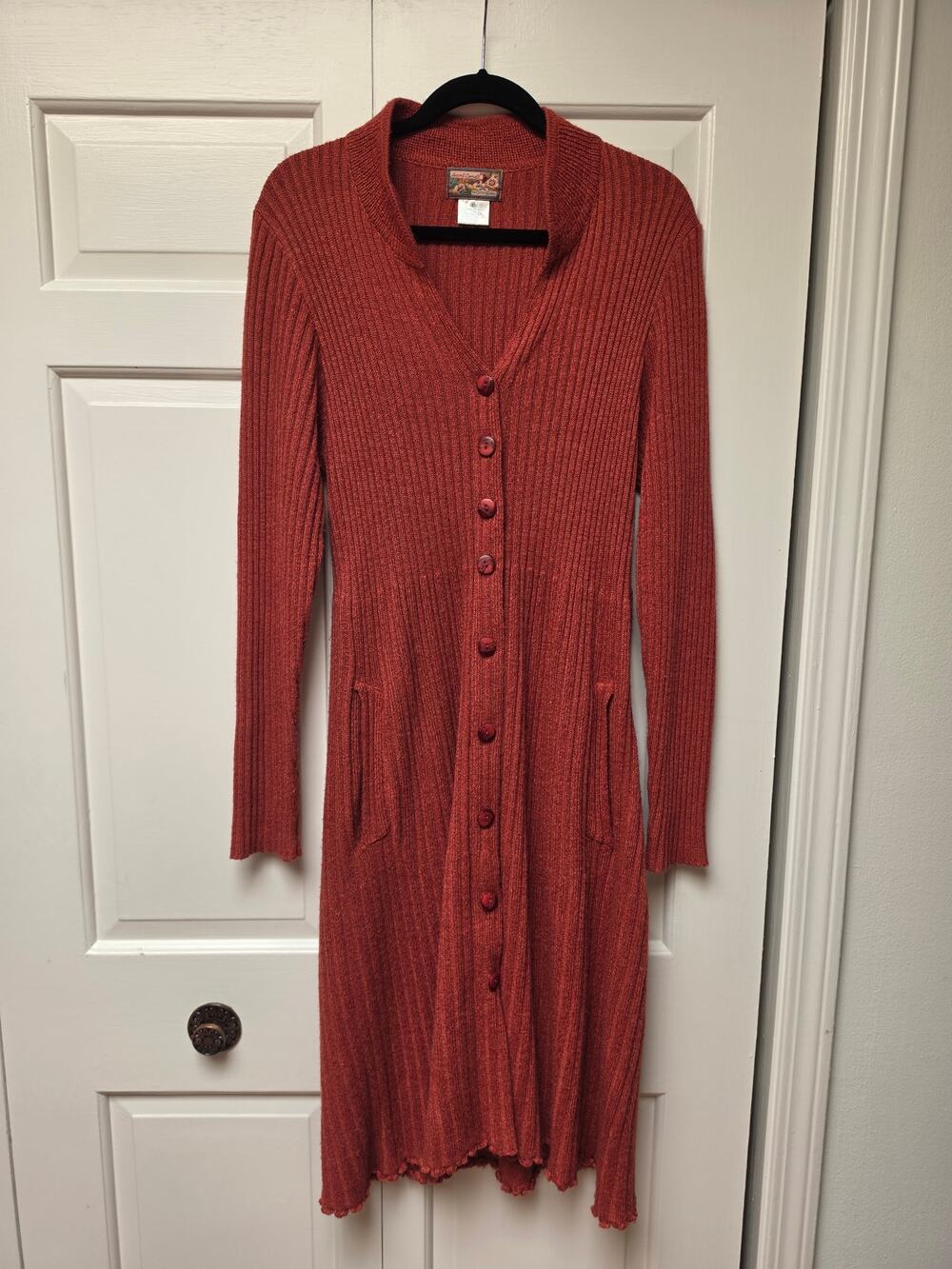April Cornell Red Ribbed Sweater Dress XL Button Front Prairie Boho Vintage